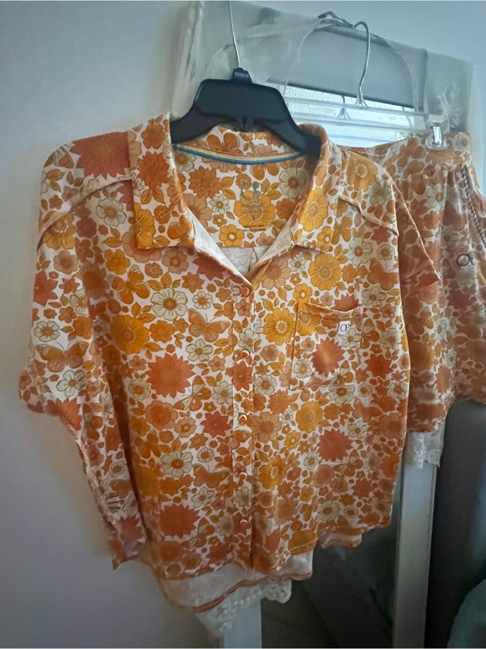 OP Floral Short-Sleeve Pajama Set in Orange and Cream